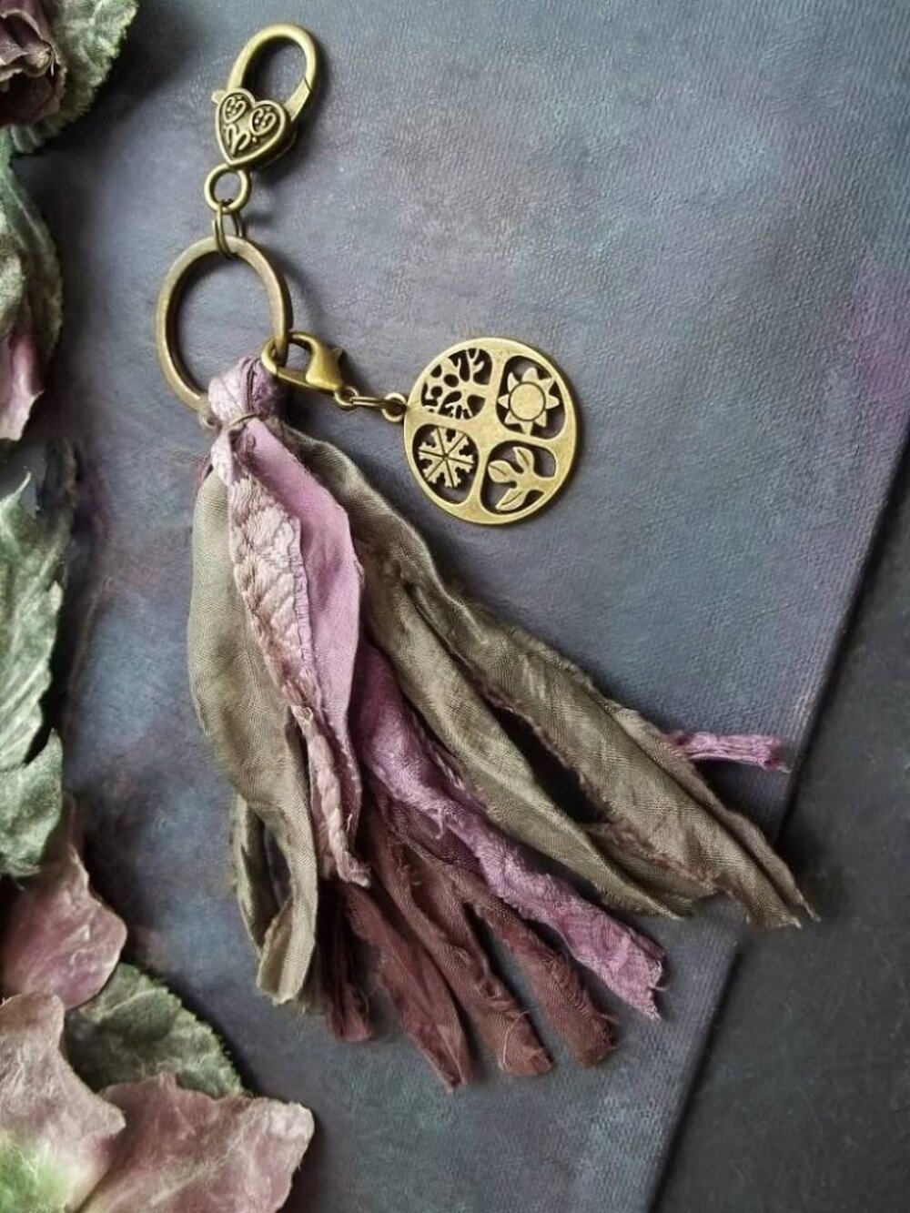OOAK Handmade Recycled Sari Silk Tassel Keychain 2-in-1 Zipper Charm Set